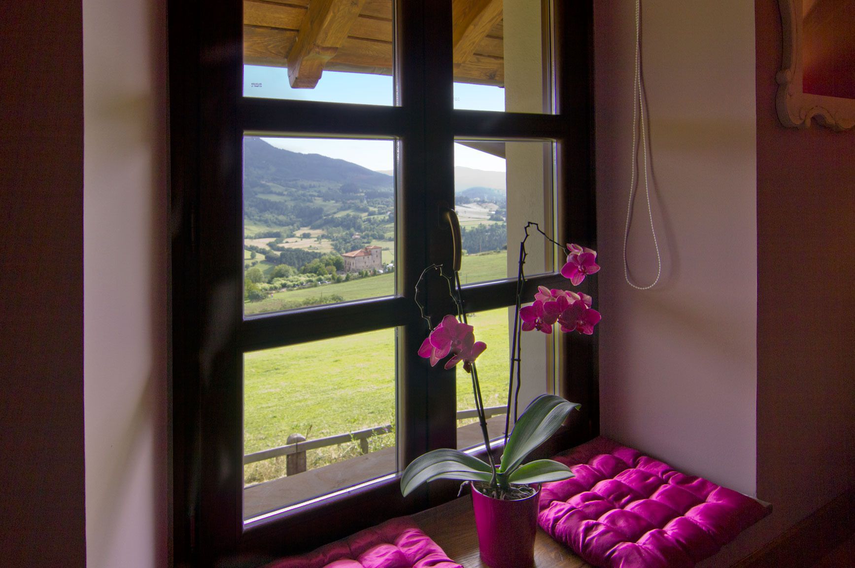 Una ventana con vistas a un paisaje verde y un edificio, una planta de orquídea rosa y un banco acolchado rosa.