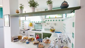 A kitchen with a gas stove, sink, and various food items on the counter. There are potted plants on the shelves above the counter. - B&B Belvedere (Agropoli)