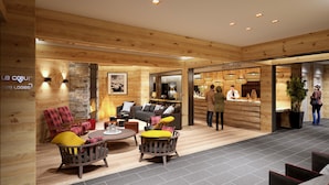 Un interior de madera con una recepción, zona de estar y un letrero de recepción.