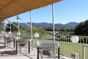 An outdoor patio with tables and chairs, a thatched roof, and a view of distant mountains. - Hôtel de Vacances de la Vignasse (Chandolas)