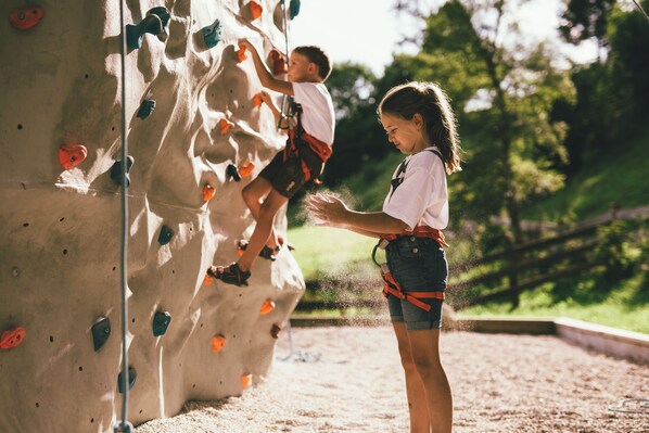 A rock climbing wall with various holds and a person climbing. - Post Family Resort (Unken)
