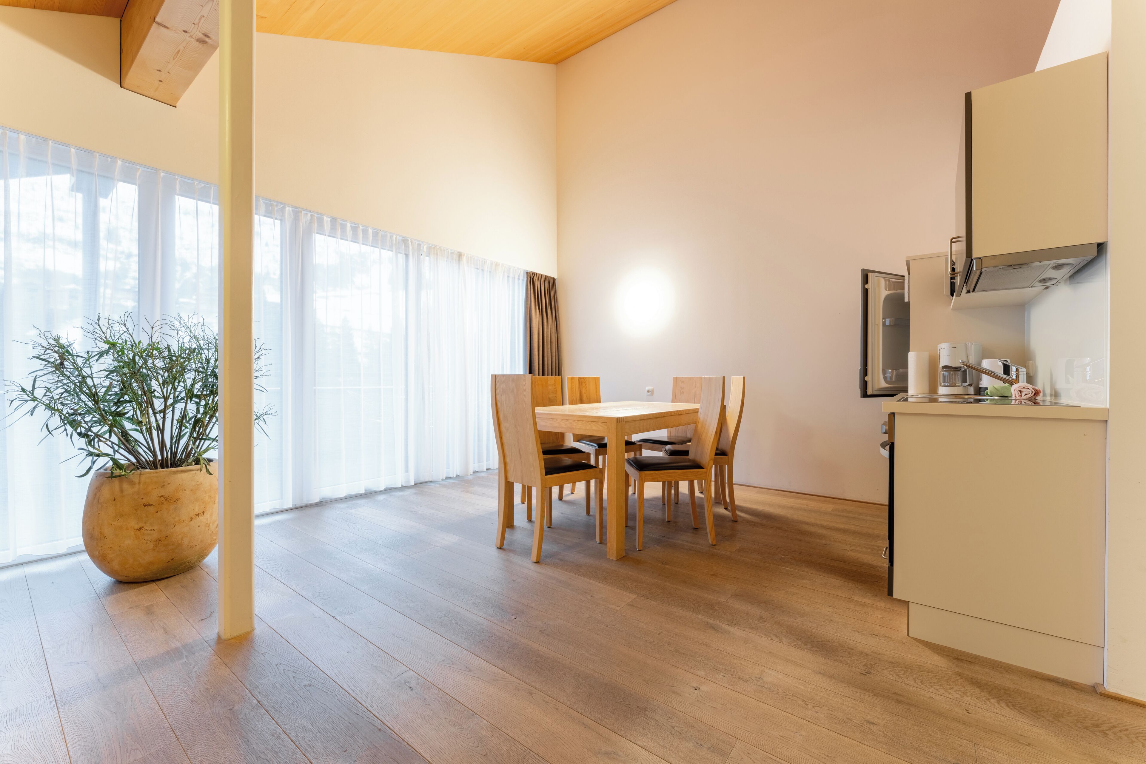 A modern kitchen with wooden cabinets, a dining area with a wooden table and chairs, and a large potted plant.