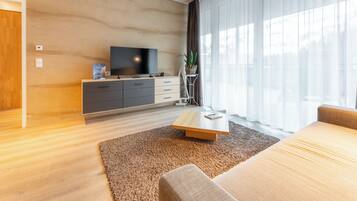 A modern living room with a wooden floor, a flat-screen TV on a dark cabinet, a coffee table, and a large window with sheer curtains.