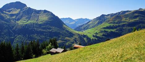 A mountainous landscape with two small buildings on a grassy slope.