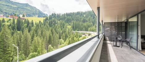Ein Balkon mit Blick auf ein bewaldetes Tal und eine Brücke.