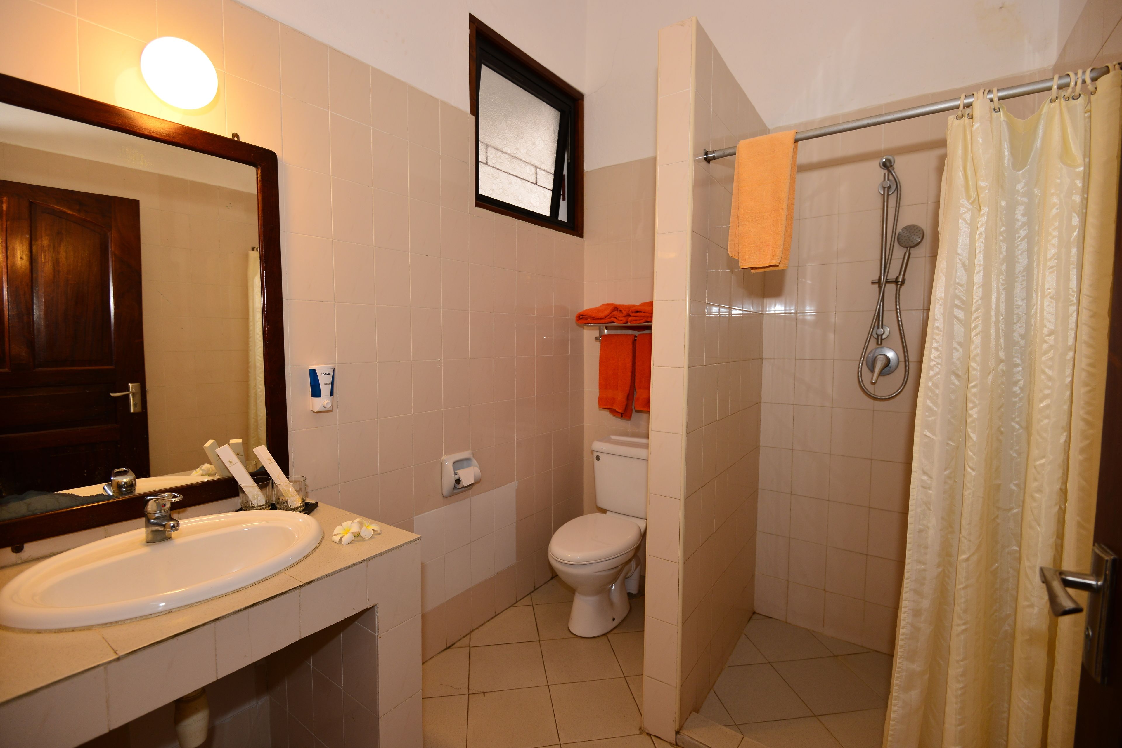 Une salle de bain avec un lavabo, des toilettes et une douche.