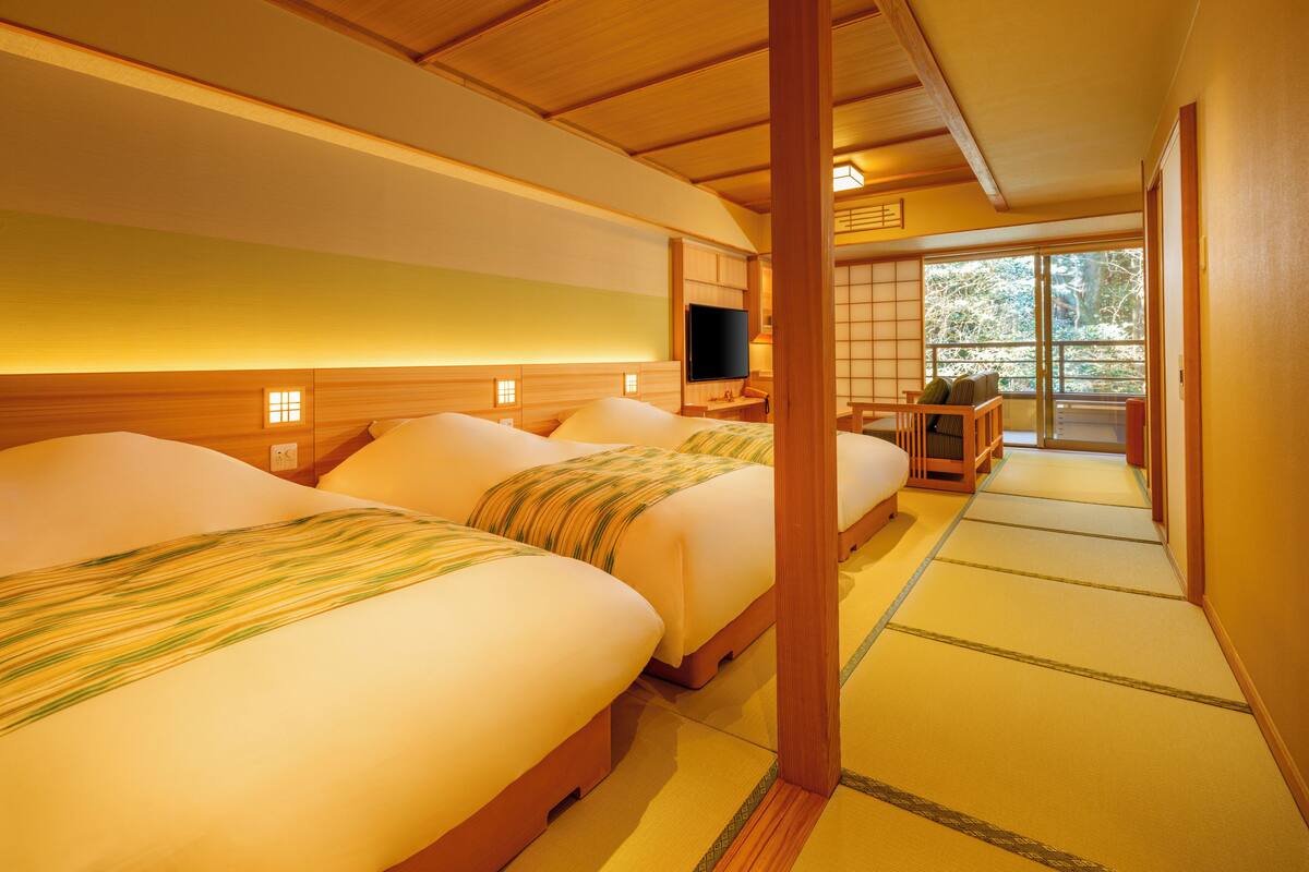 A traditional Japanese-style hotel room with tatami flooring, a television, and a sliding door leading to a balcony.