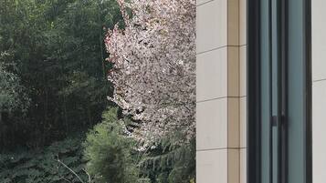 Un edificio moderno con puerta de entrada de vidrio, rodeado de abundante follaje y un cerezo en flor.