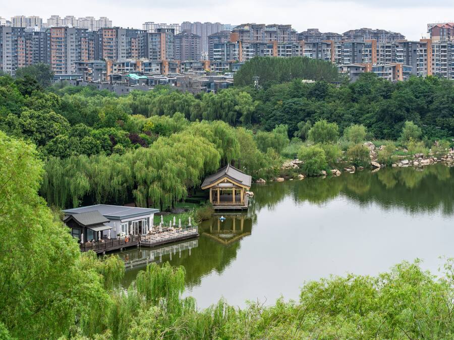 Un cadre paisible au bord de la rivière, avec un pavillon de style traditionnel amarré sur l’eau, entouré d’une végétation luxuriante et dominé par des immeubles modernes.