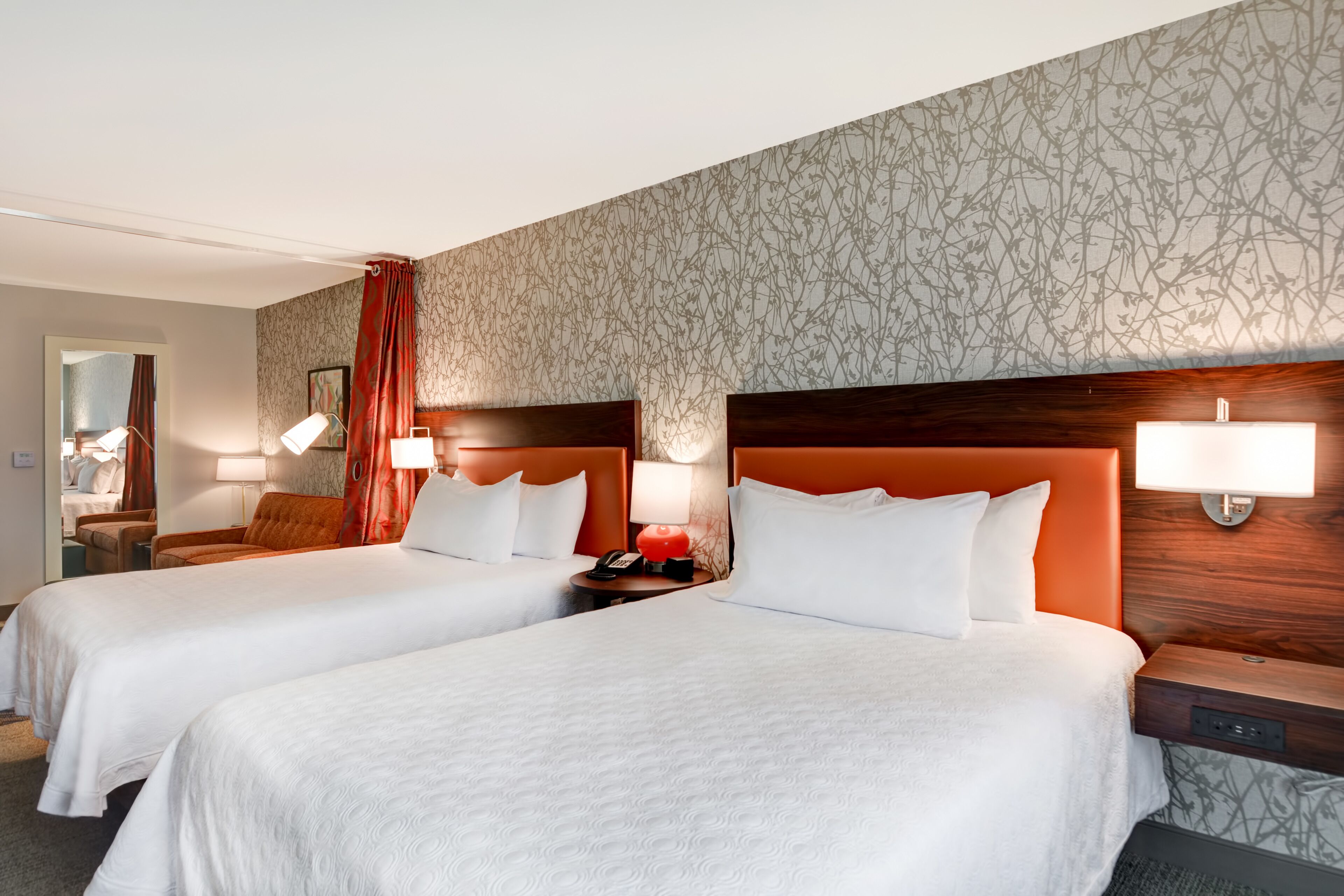 premium bedding, desk, laptop workspace, blackout curtains