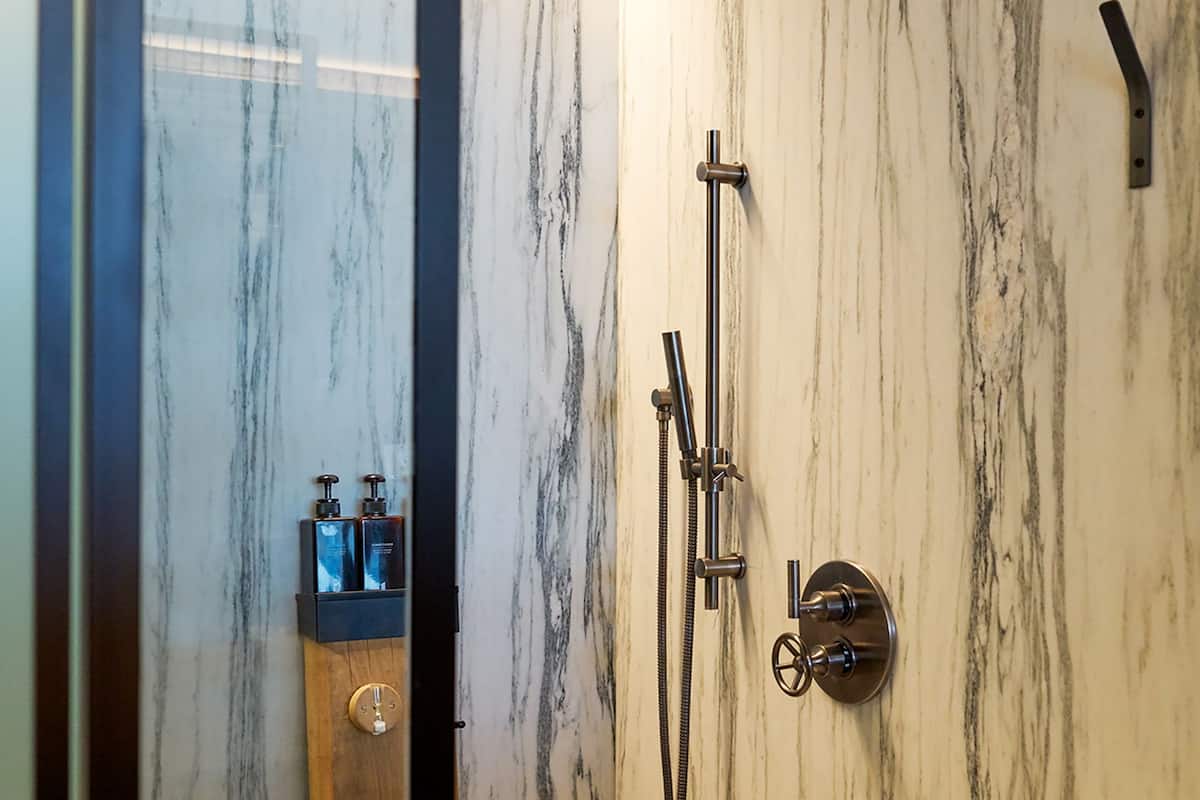 rainfall showerhead, designer toiletries, hair dryer, bathrobes