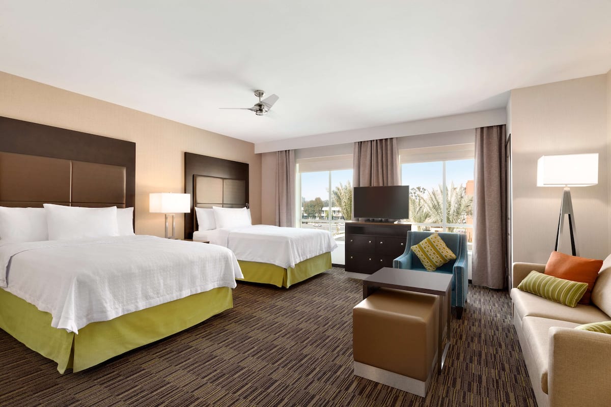 A hotel room with two beds, a TV, a desk, a chair, and a sofa.