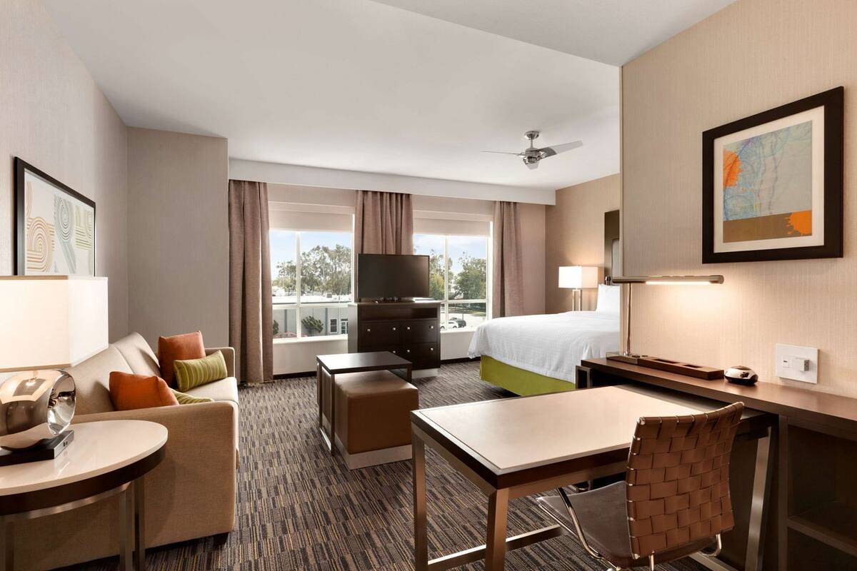 A hotel room with a bed, a desk, a chair, a TV, a lamp, and a ceiling fan.