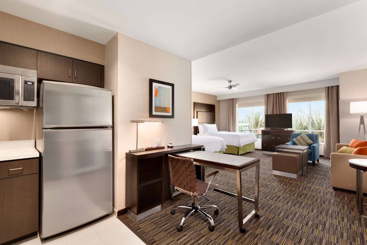 full-sized fridge, microwave, dishwasher, coffee/tea maker