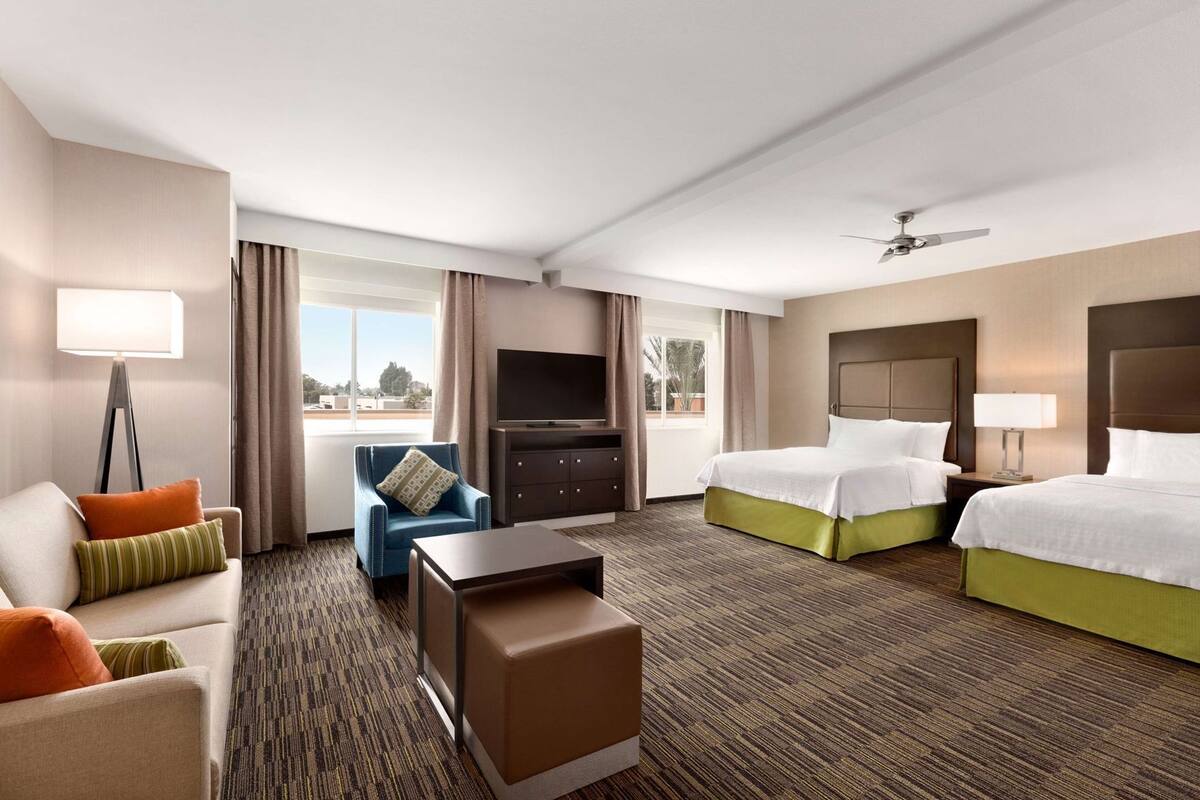 A hotel room with a bed, a desk, a chair, a television, and a window with curtains.