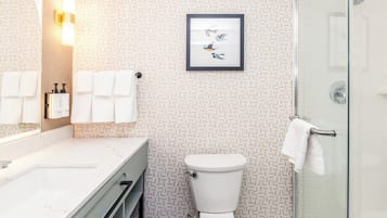 Un baño con pared decorada, un cuadro enmarcado de pájaros, un inodoro y una puerta de ducha de cristal.