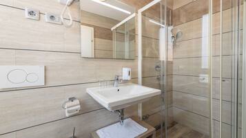 A modern bathroom with a glass shower enclosure, a white sink, and a mirror above it.