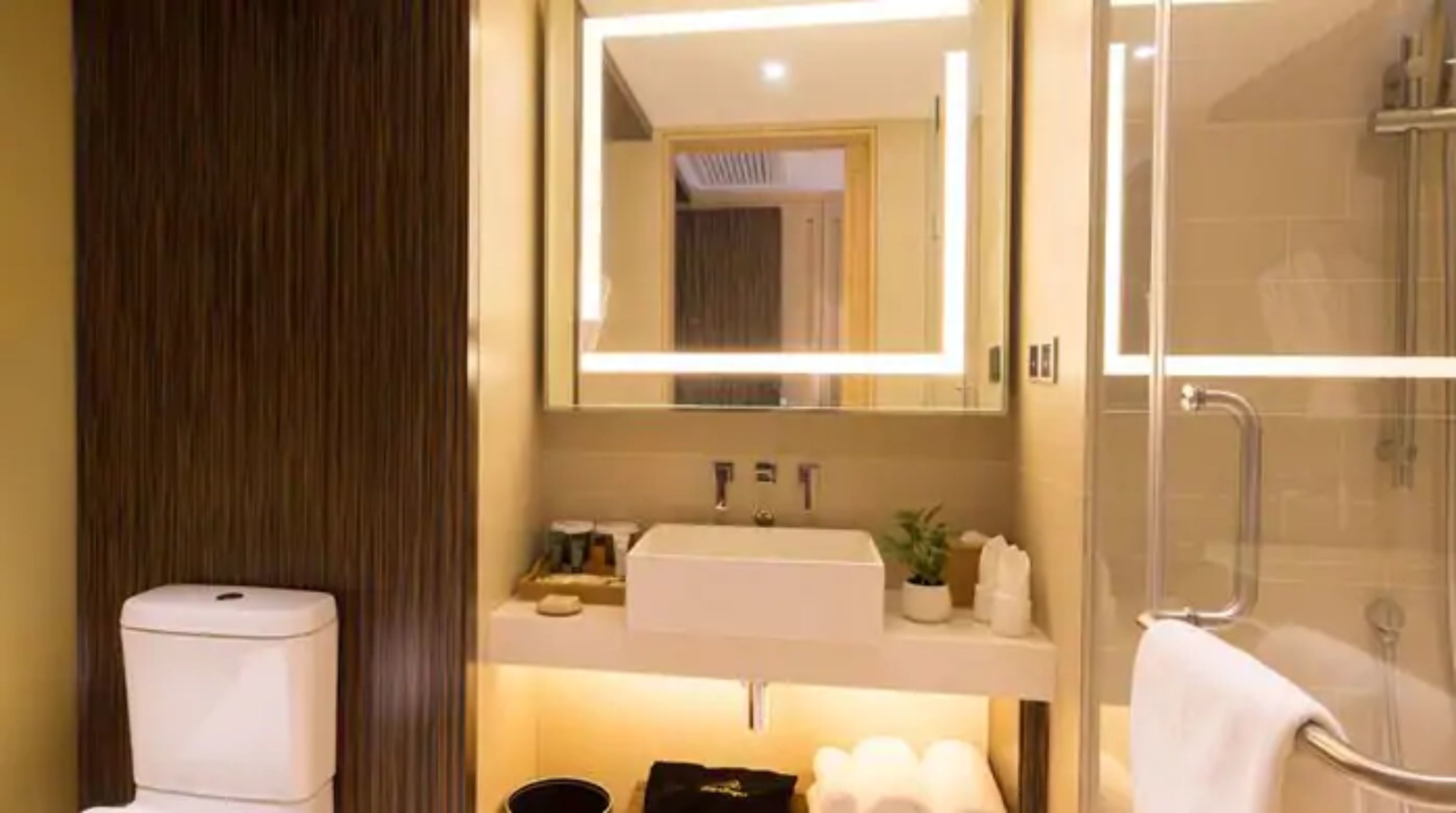 combined shower/bathtub, rainfall showerhead, slippers, towels