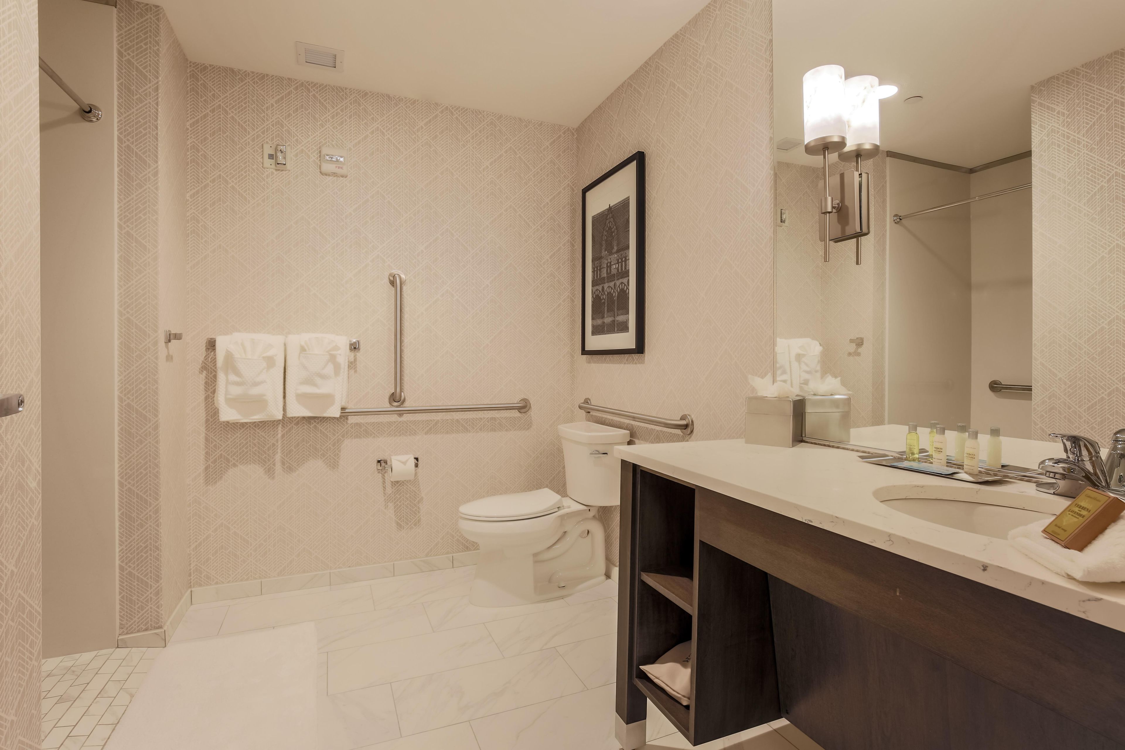 Un baño moderno con ducha a nivel, barras de apoyo, inodoro y tocador con espejo y lavabo.