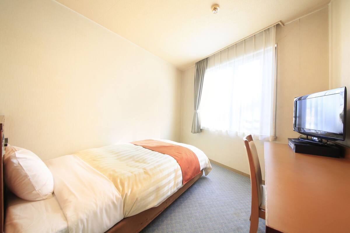 A hotel room with a bed, a television on a wooden table, and a window with curtains.