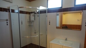 Un baño con ducha de mampara de vidrio, un lavamanos y un espejo.