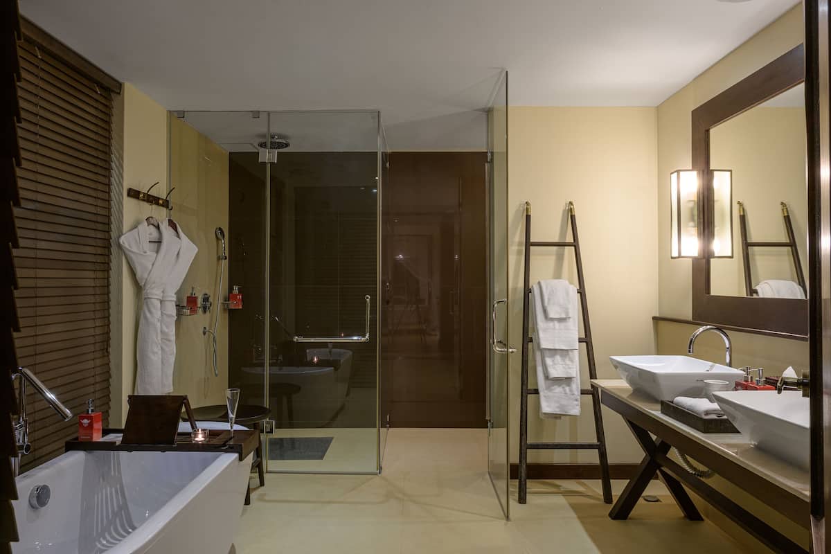 separate bathtub and shower, free toiletries, hair dryer, dressing gowns