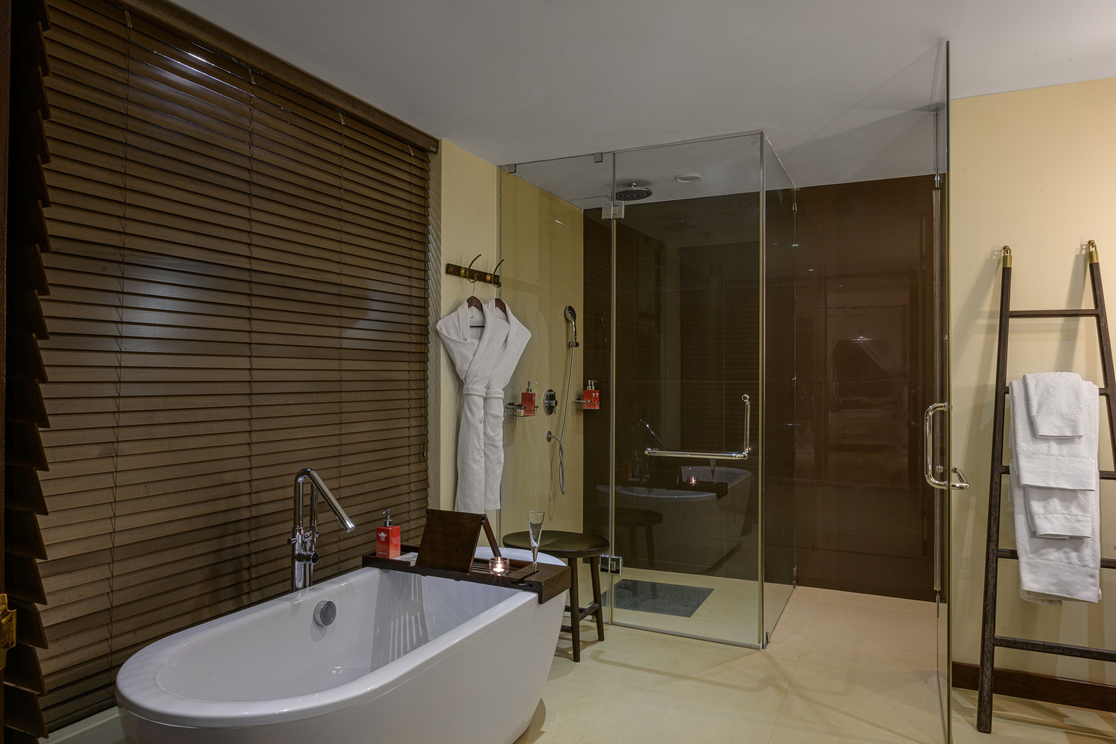 separate bathtub and shower, free toiletries, hair dryer, dressing gowns