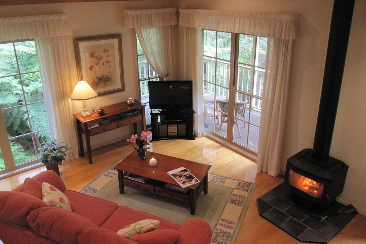 A cozy living room with a fireplace, a television, and a comfortable sofa.