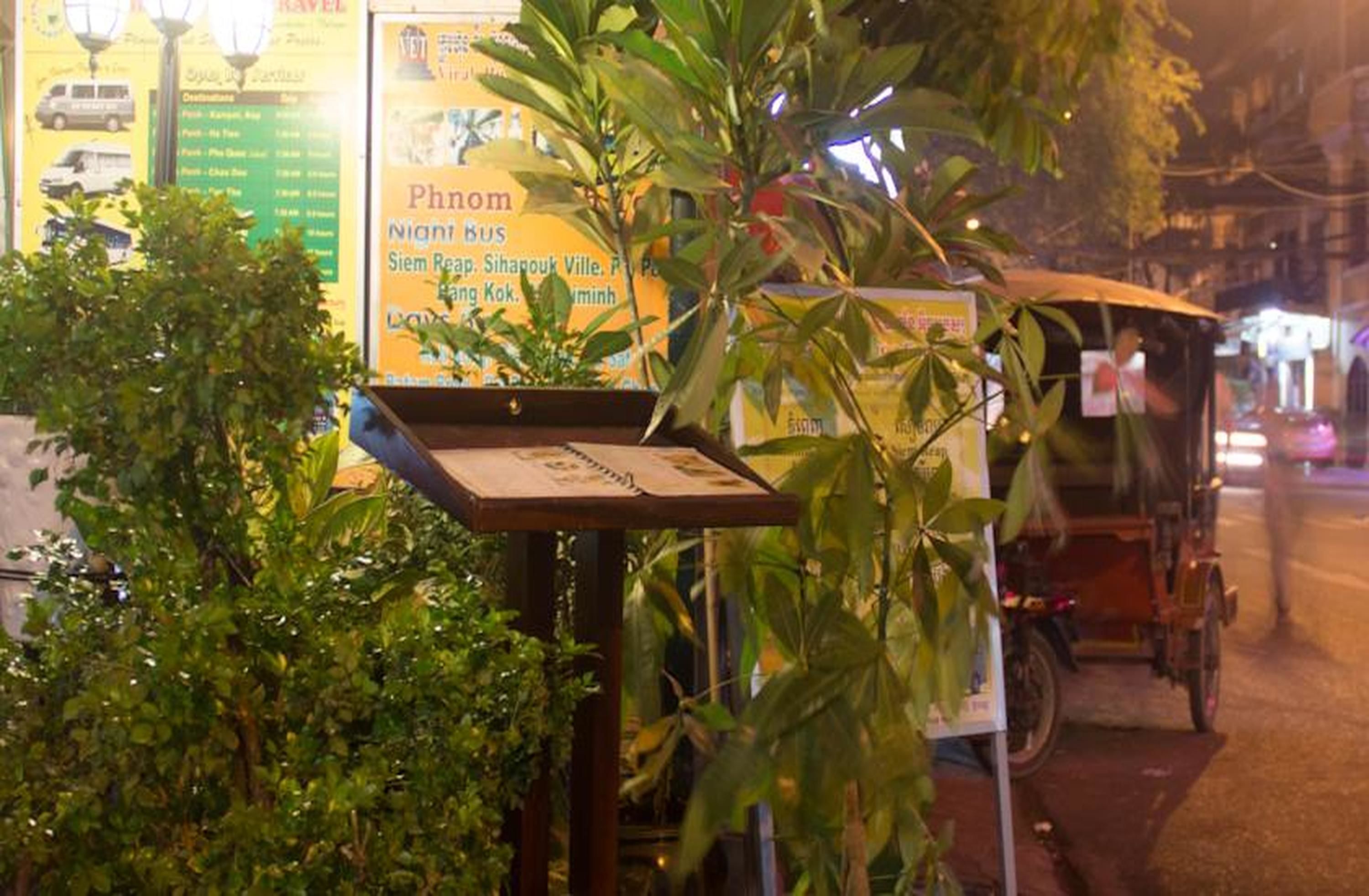 A nighttime street scene with a signboard for a bus service, a rickshaw, and some greenery.