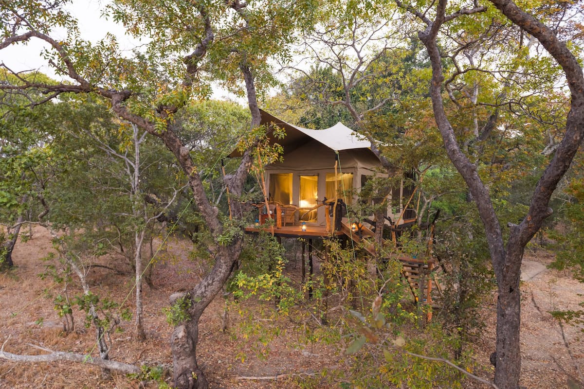 A treehouse with a wooden deck and a large window, surrounded by trees.