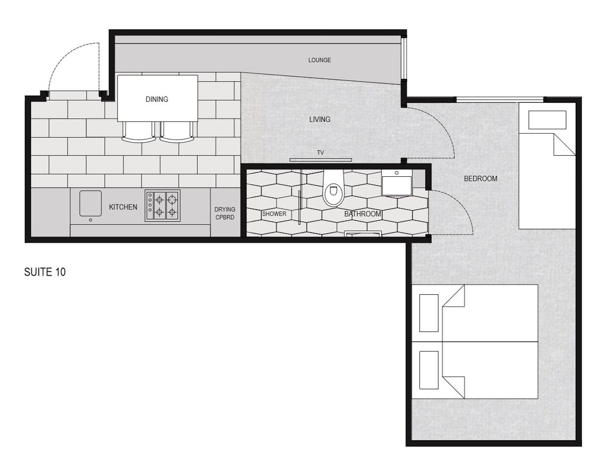 A floor plan of Suite 10 with a kitchen, dining area, living room, bathroom, and bedroom.