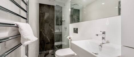 A modern bathroom with a glass shower enclosure, a white toilet, and a white sink with a mirror.