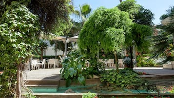 Un espace jardin agrémenté d’une fontaine, de sièges et de diverses plantes.