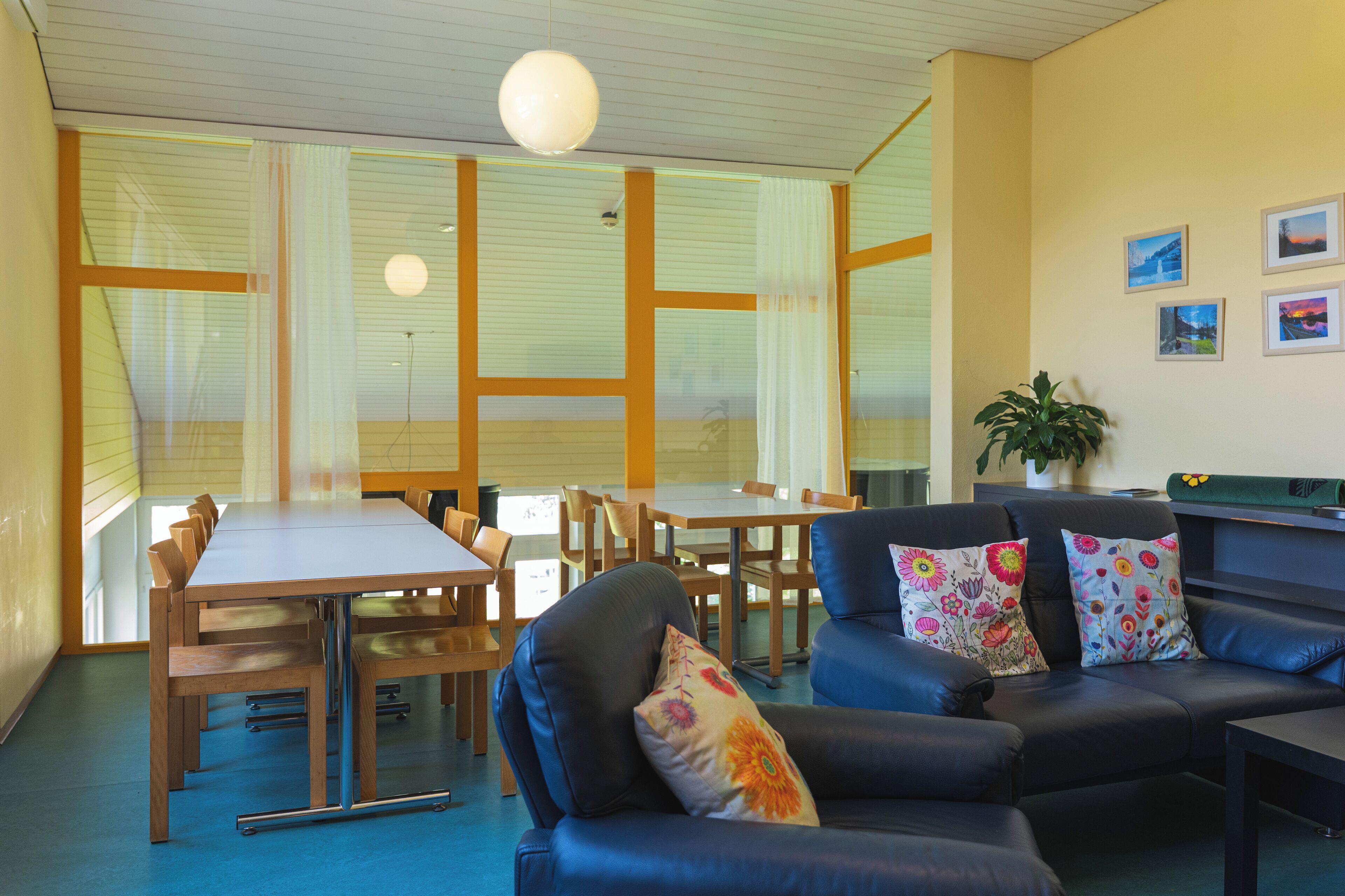 A modern interior with a dining area, a sofa with floral cushions, and a plant on a table.