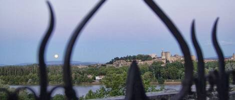 A view of a historic castle on a hill, with a river in the foreground and a fence partially obscuring the view.