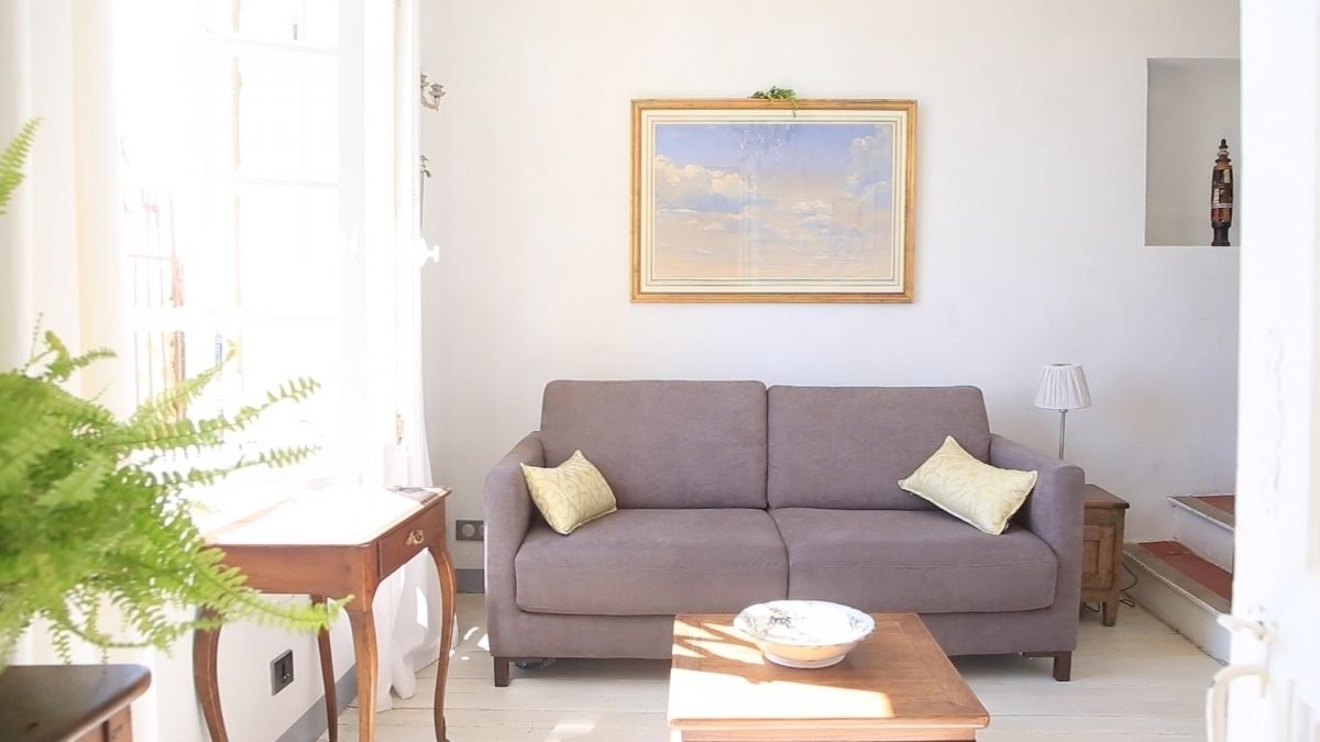 A living room with a sofa, a coffee table, a framed picture on the wall, and a plant.