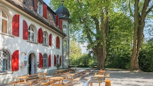 A building with red shutters and a large tree in front. - Youth Hostel Schaffhausen (Schaffhausen)