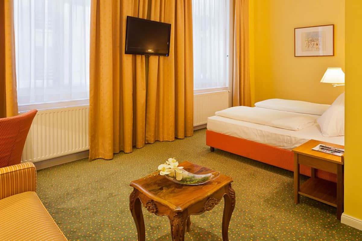 A hotel room with a bed, a TV, a table with a flower vase, and a shower area.