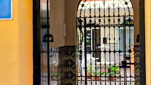 Un pasillo con una verja metálica que da a un patio con plantas y un edificio al fondo.