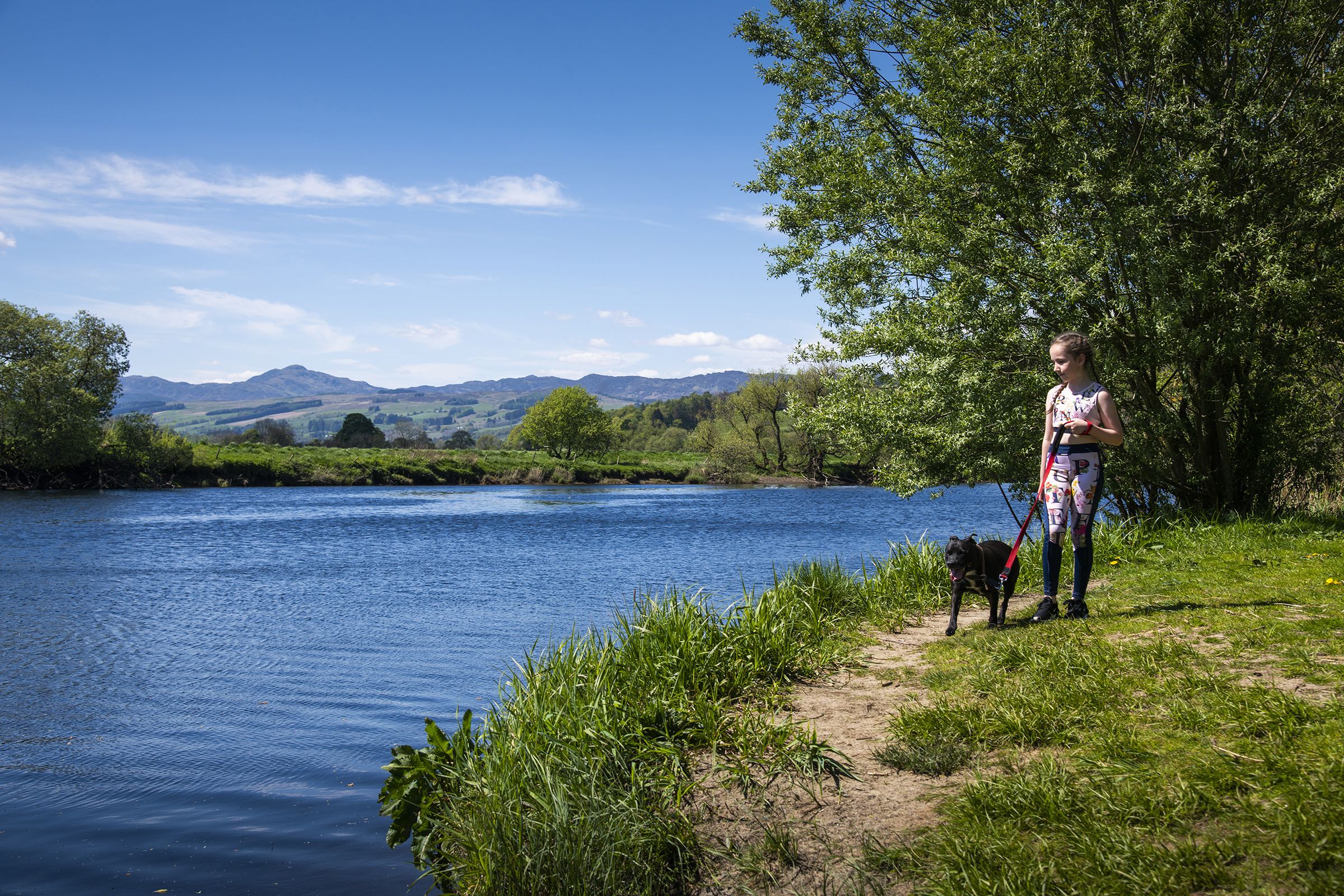 A person with a dog by a river, surrounded by greenery and hills.