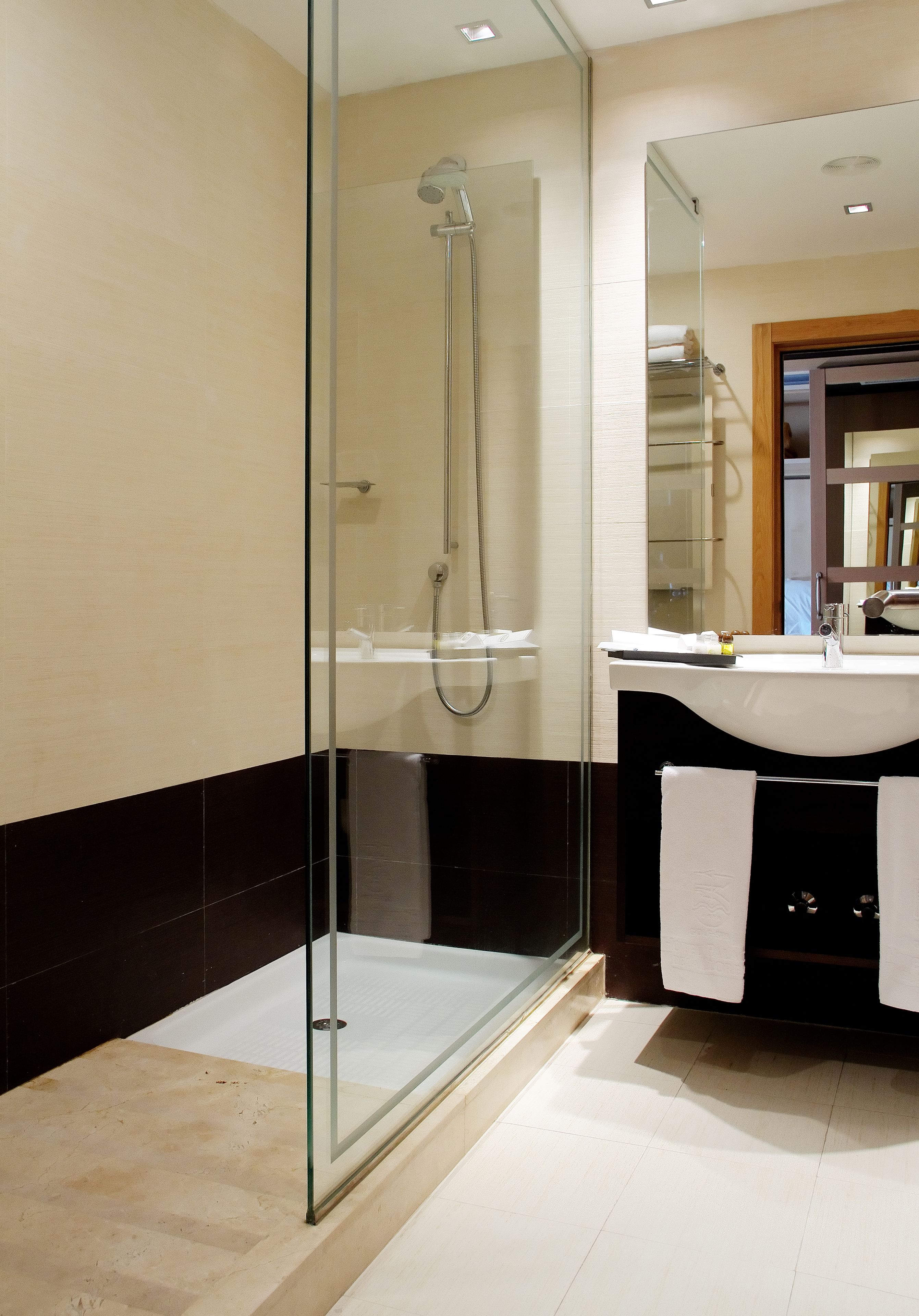 A modern bathroom with a glass-enclosed shower, a vanity with a sink, and a large mirror.