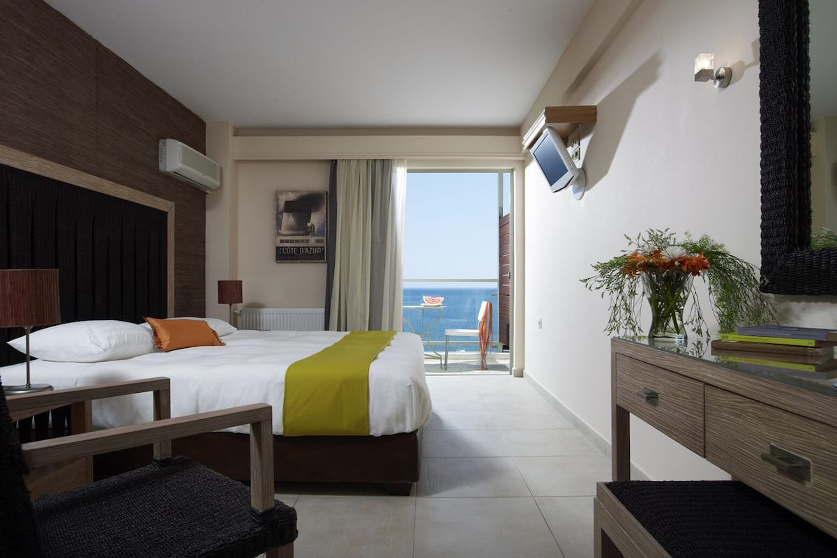 Una camera d'albergo con un letto, una scrivania, una sedia, una televisione, una pianta e vista sul mare.