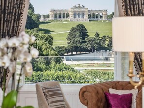 A view of a grand building with classical architecture, a well-maintained lawn, and a fountain. - Schloß Schönbrunn Grand Suite (Vienna)
