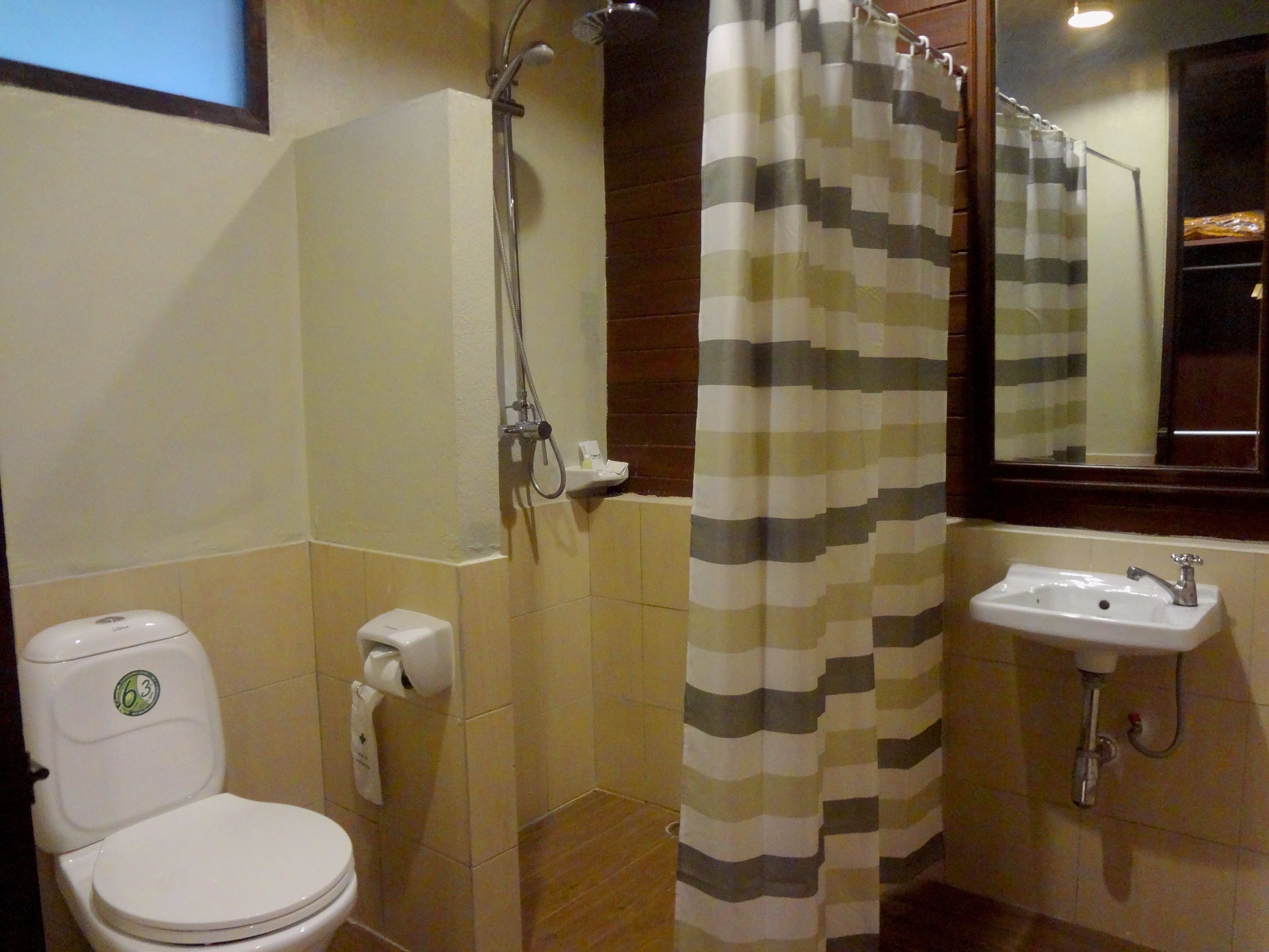 A bathroom with a toilet, a shower, and a sink.