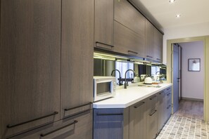 Fridge, microwave, stovetop, coffee/tea maker