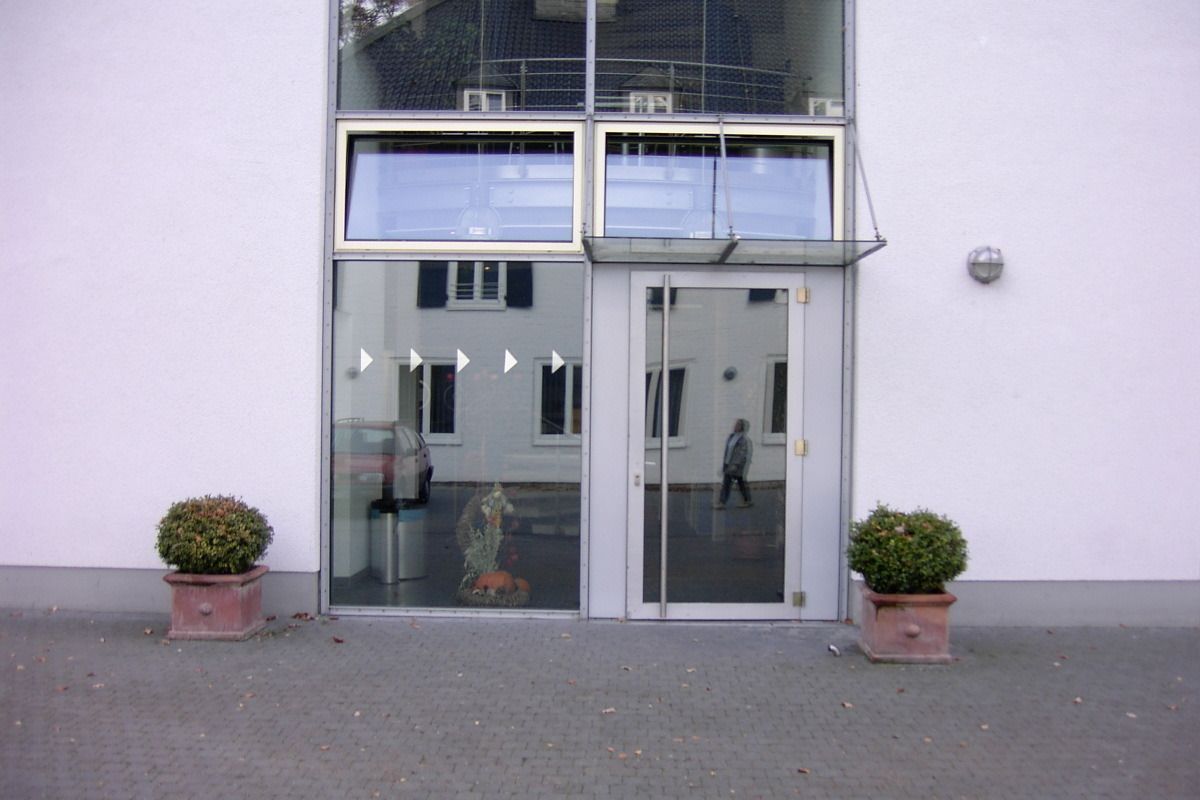 A building entrance with a glass door, two potted plants, and a reflection of a person walking.