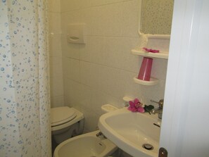 Shower, free toiletries, hair dryer, towels