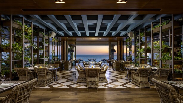 A restaurant with a checkered floor, wicker furniture, and shelves with plants. - Grand Velas Los Cabos - All Inclusive (Cabo San Lucas)