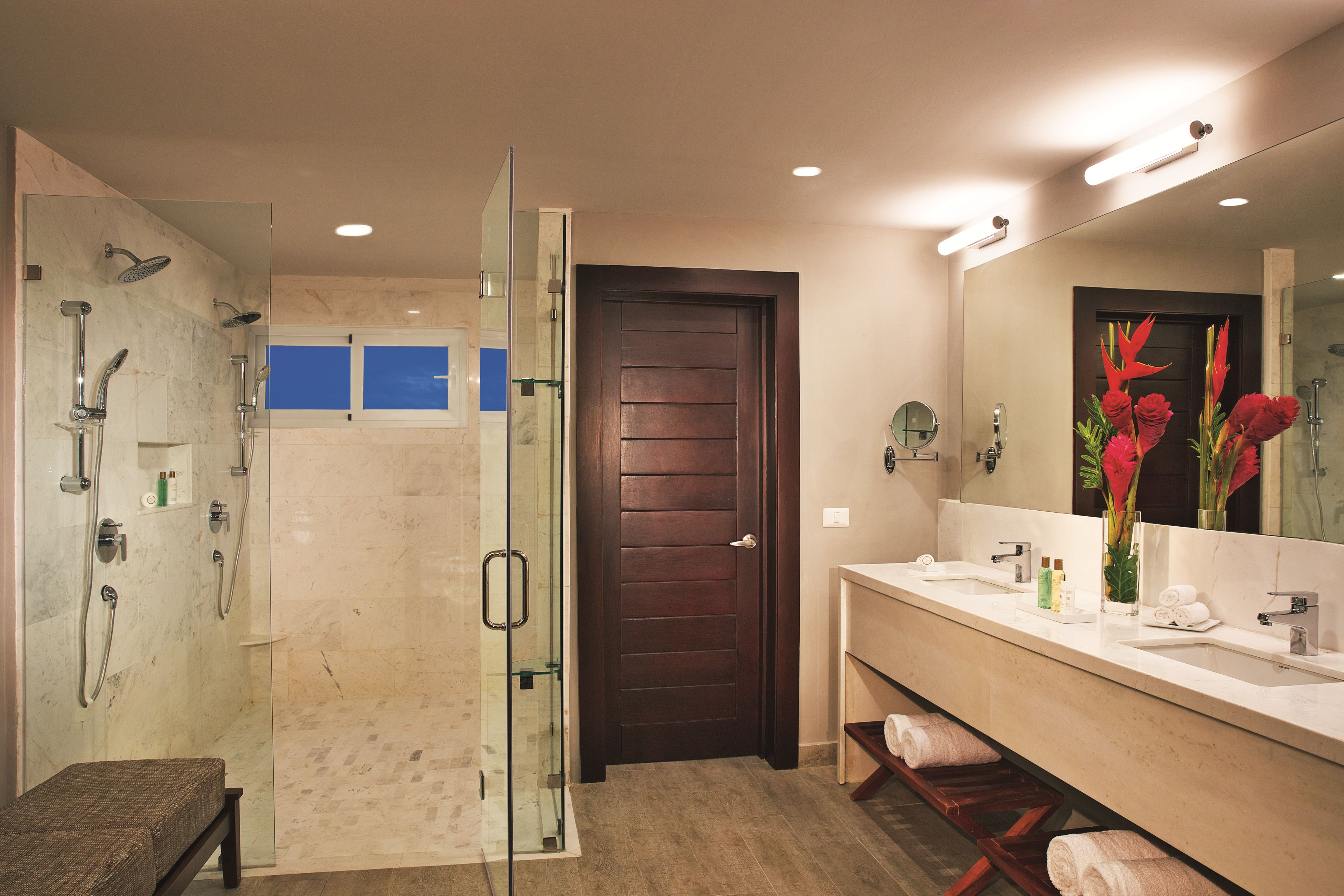 shower, rainfall showerhead, hair dryer, towels