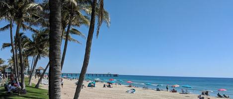 A beach with palm trees, umbrellas, and people relaxing.
